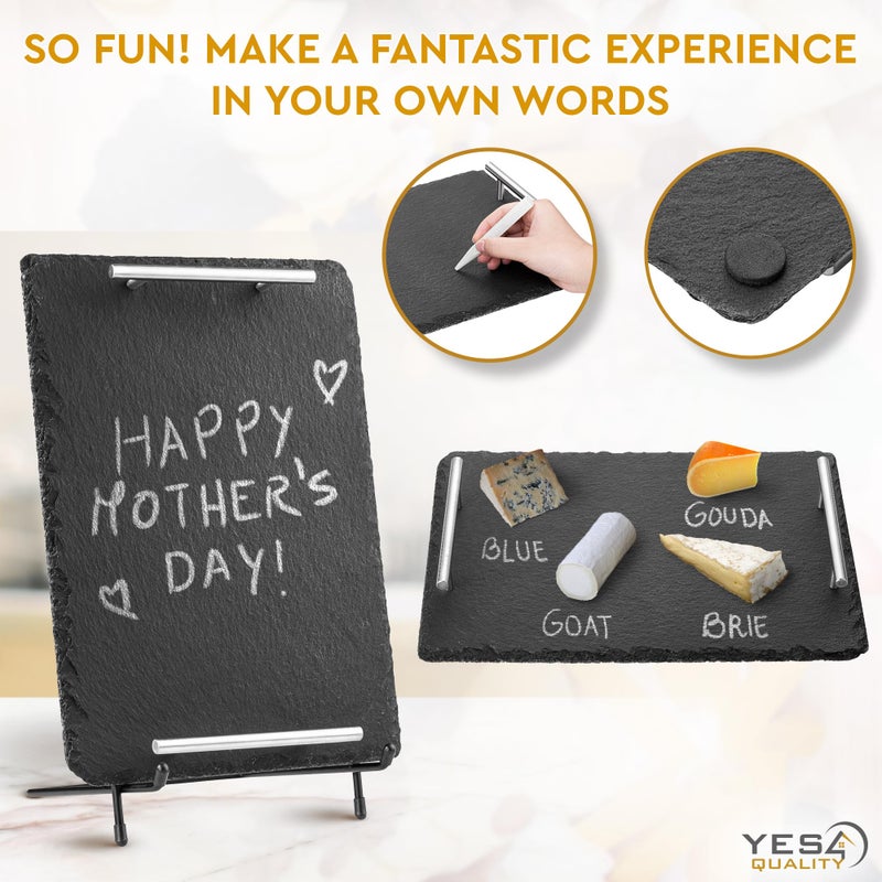 YES4QUALITY Slate Cheese Board Set w/Easy Carry Handles (14â€ x 10â€, Black) Natural Stone Slate Tray for Appetizer Serving; Full Deluxe Cheeseboard Platter w/ 3 Knives, 1 Fork & 2 Soapstone Chalks by Yes4Quality - Image 4